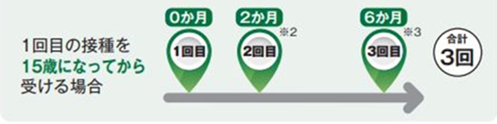 1回目接種が15歳以上の場合は、合計3回接種します。2回目は初回接種の2か月後、3回目は初回接種の6か月後に接種します。