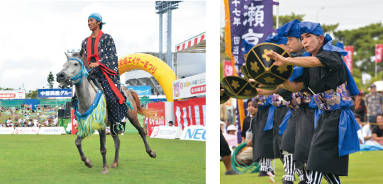 60回目の開催を記念し、幕開けの沖縄市伝統芸能紹介で披露されたンマハラシーと泡瀬の京太郎